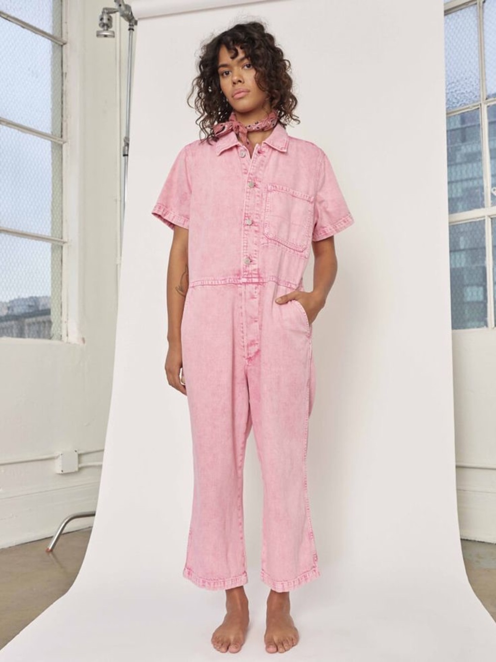 AMO Denim Luna Slouchy Fit Jumpsuit in a pink acid wash size medium